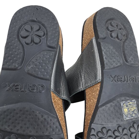 Aetrex Daisy Leather Black Silver Metallic Wedge Sandals Size 36 US 6 Adjustable - Picture 7 of 13